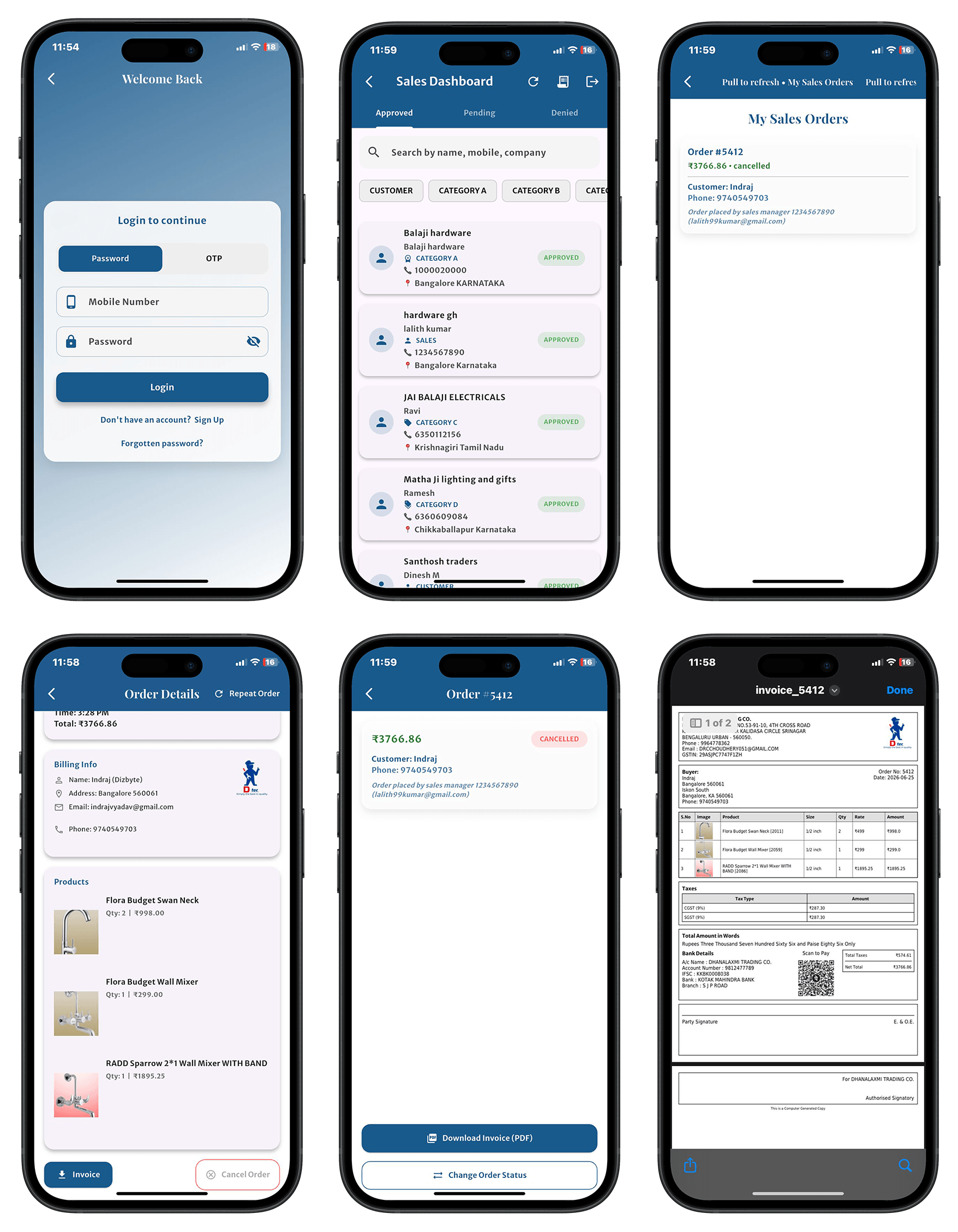 DTC salesman customer and order workflow screens