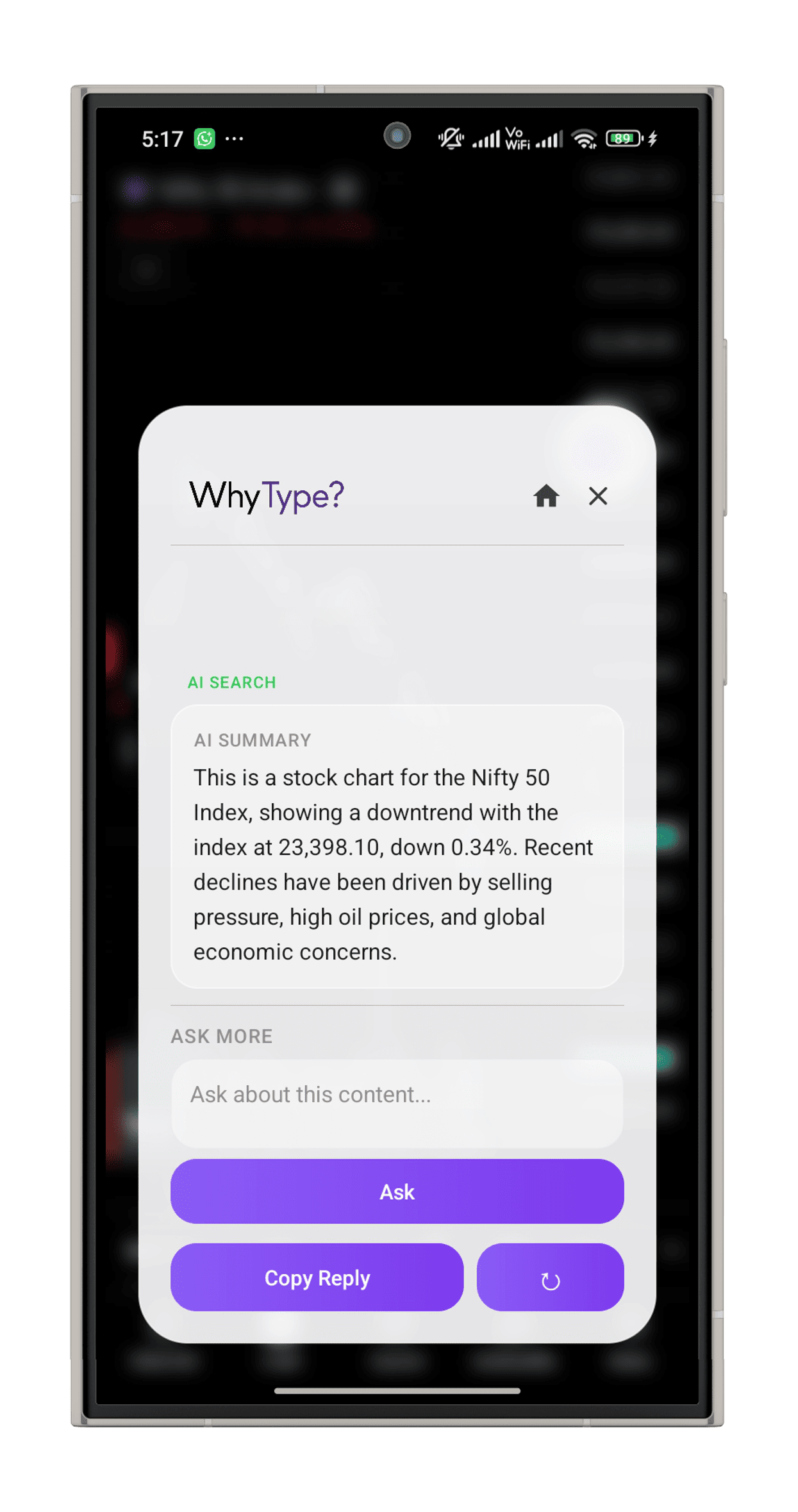Whytype AI summary card with copy reply over an app