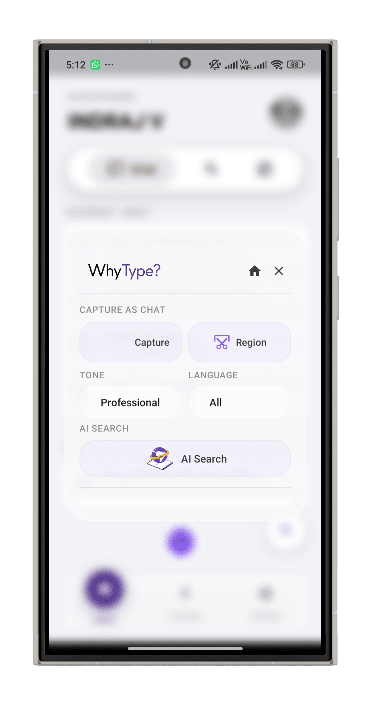 Whytype options with capture, tone, language and AI search