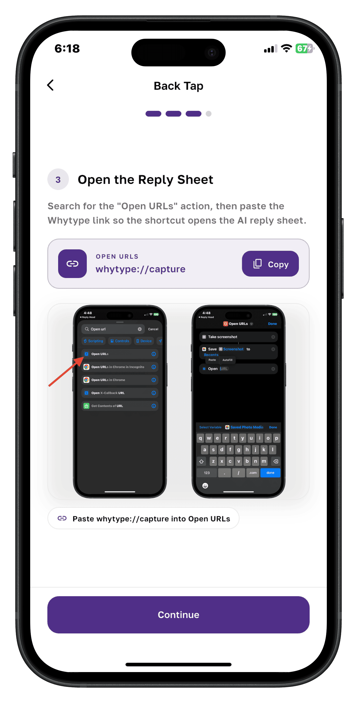 Back Tap setup showing the whytype://capture link pasted into the Open URLs action