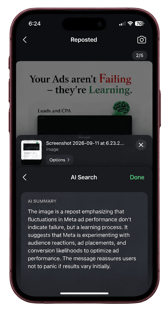 Whytype AI search summary over a shared post