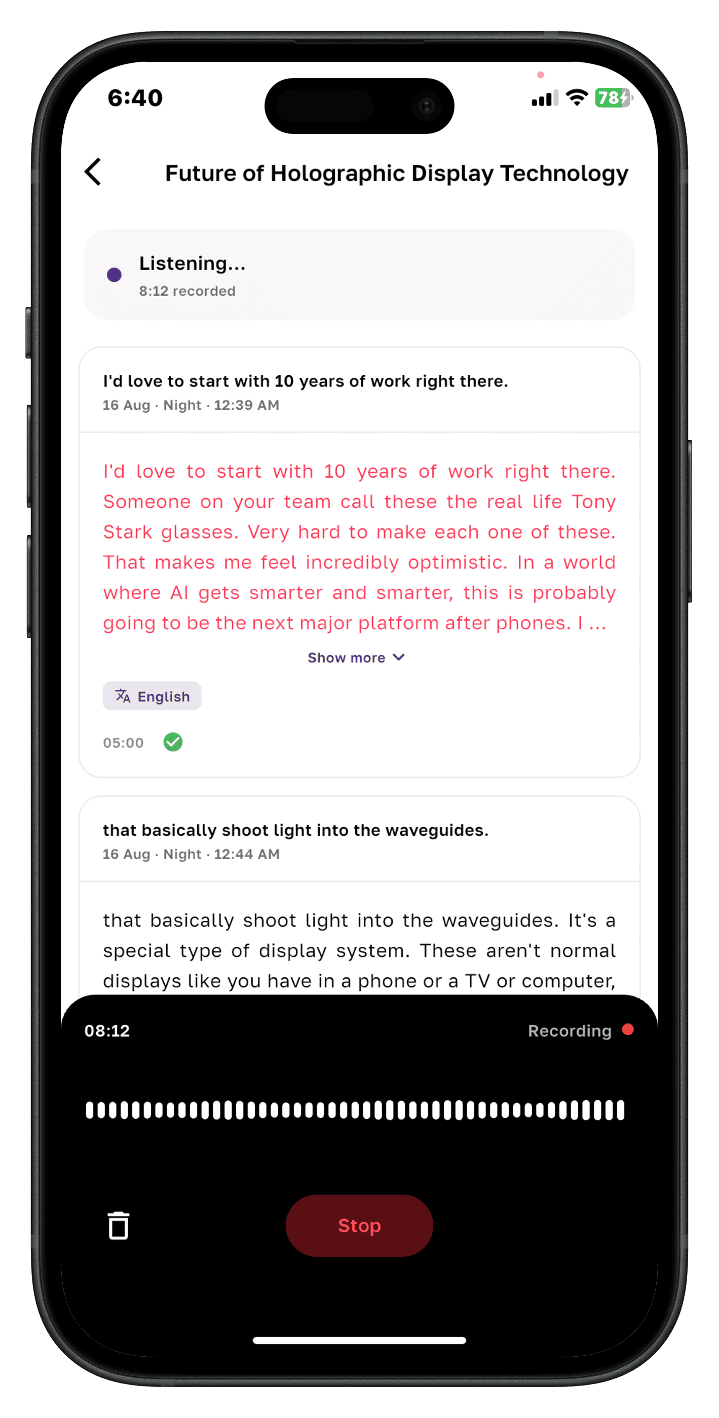 Whytype recording a conversation with a live waveform and timer